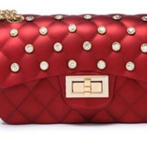 JEWELED QUILTED JELLY CLUTCH WITH GOLD CHAIN